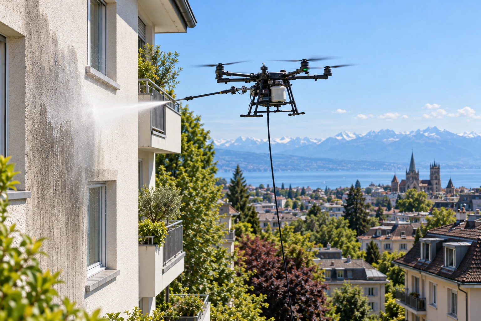 Nettoyage de façade par drone en Suisse romande