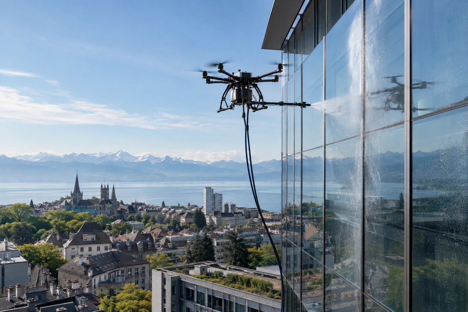 Nettoyage de vitrages par drone en Suisse romande